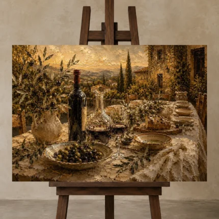 Deep Burgundy & Olive Green Countryside Wine Olive Kitchen Wall Art Canvas Print shown in Studio Easel