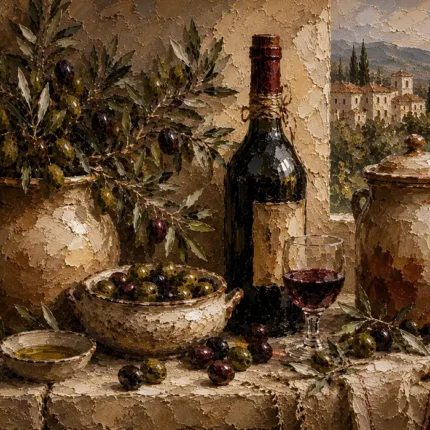 Olive Green & Burgundy Stone Counter Wine Olive Kitchen Wall Art Canvas Print