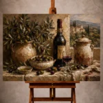 Olive green and burgundy Wine & Olive Wall Art print for elegant interiors. No text or watermarks in design.