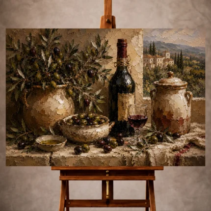 Olive green and burgundy Wine & Olive Wall Art print for elegant interiors. No text or watermarks in design.