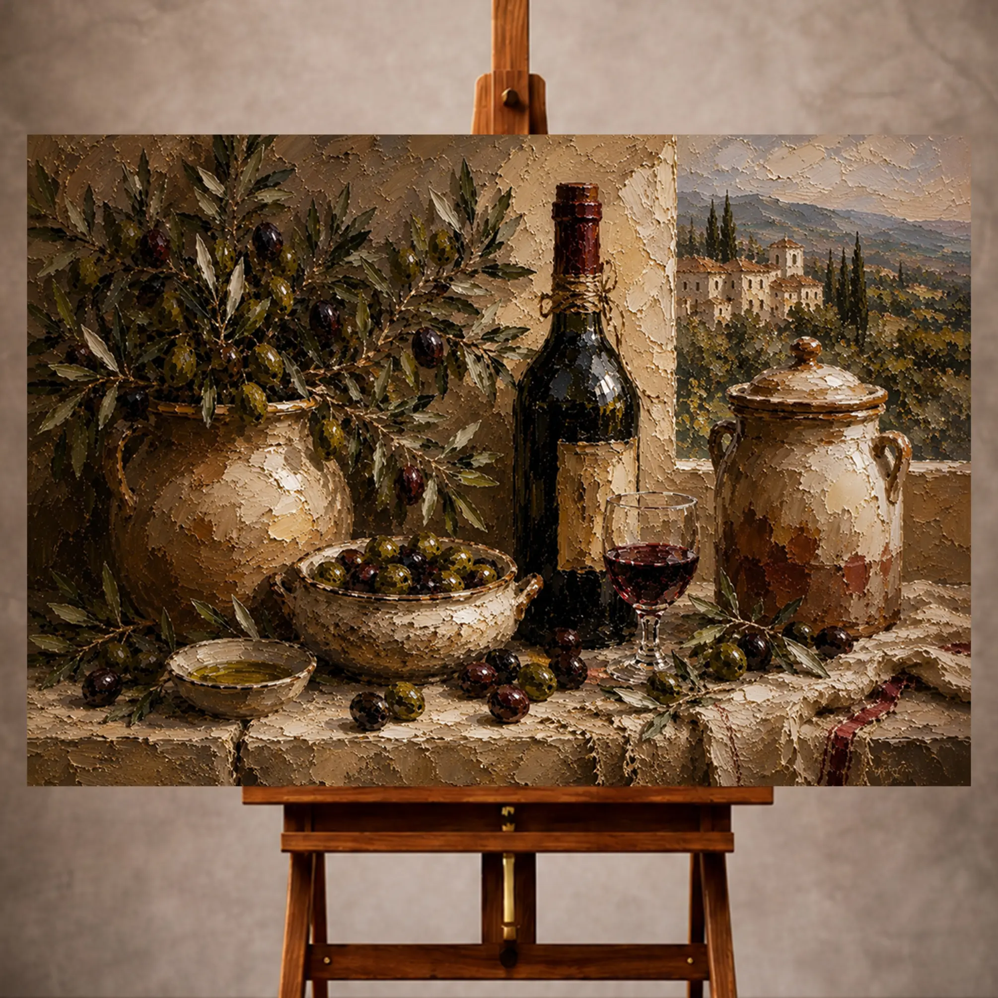 Premium Wall Art Yatay Html Edition – KITCHENWALL029 Image 1 Olive green and burgundy Wine & Olive Wall Art print for elegant interiors. No text or watermarks in design.