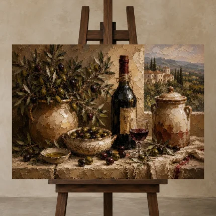 Olive Green & Burgundy Stone Counter Wine Olive Kitchen Wall Art Canvas Print displayed on a studio easel