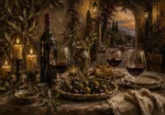 Burgundy, Olive & Antique Gold Supper Wine Olive Kitchen Wall Art Canvas Print