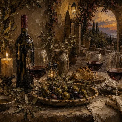 Burgundy, Olive & Antique Gold Supper Wine Olive Kitchen Wall Art Canvas Print