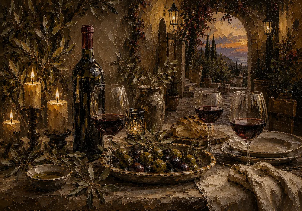 Burgundy, Olive & Antique Gold Supper Wine Olive Kitchen Wall Art Canvas Print