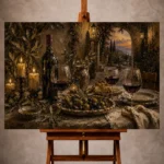 Burgundy, olive, and antique gold Wine & Olive Wall Art print for elegant interiors. No text or watermarks in design.