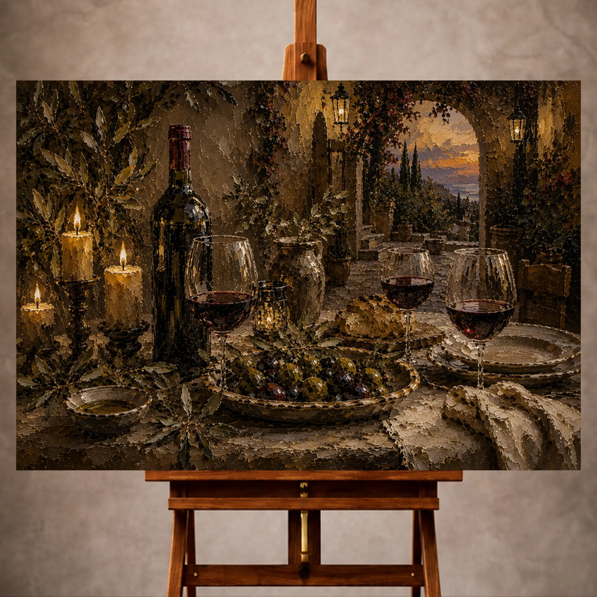 Premium Wall Art Yatay Html Edition – KITCHENWALL030 Image 1 Burgundy, olive, and antique gold Wine & Olive Wall Art print for elegant interiors. No text or watermarks in design.
