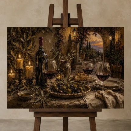 Burgundy, Olive & Antique Gold Supper Wine Olive Kitchen Wall Art Canvas Print shown in Studio Easel