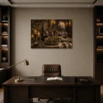Burgundy, Olive & Antique Gold Supper Wine Olive Kitchen Wall Art Canvas Print displayed in a contemporary gallery-inspired room