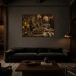 Burgundy, Olive & Antique Gold Supper Wine Olive Kitchen Wall Art Canvas Print shown in a warm modern interior