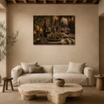 Burgundy, Olive & Antique Gold Supper Wine Olive Kitchen Wall Art Canvas Print presented in a sophisticated home setting