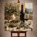 Olive green and burgundy Wine & Olive Wall Art print for elegant interiors. No text or watermarks in design.