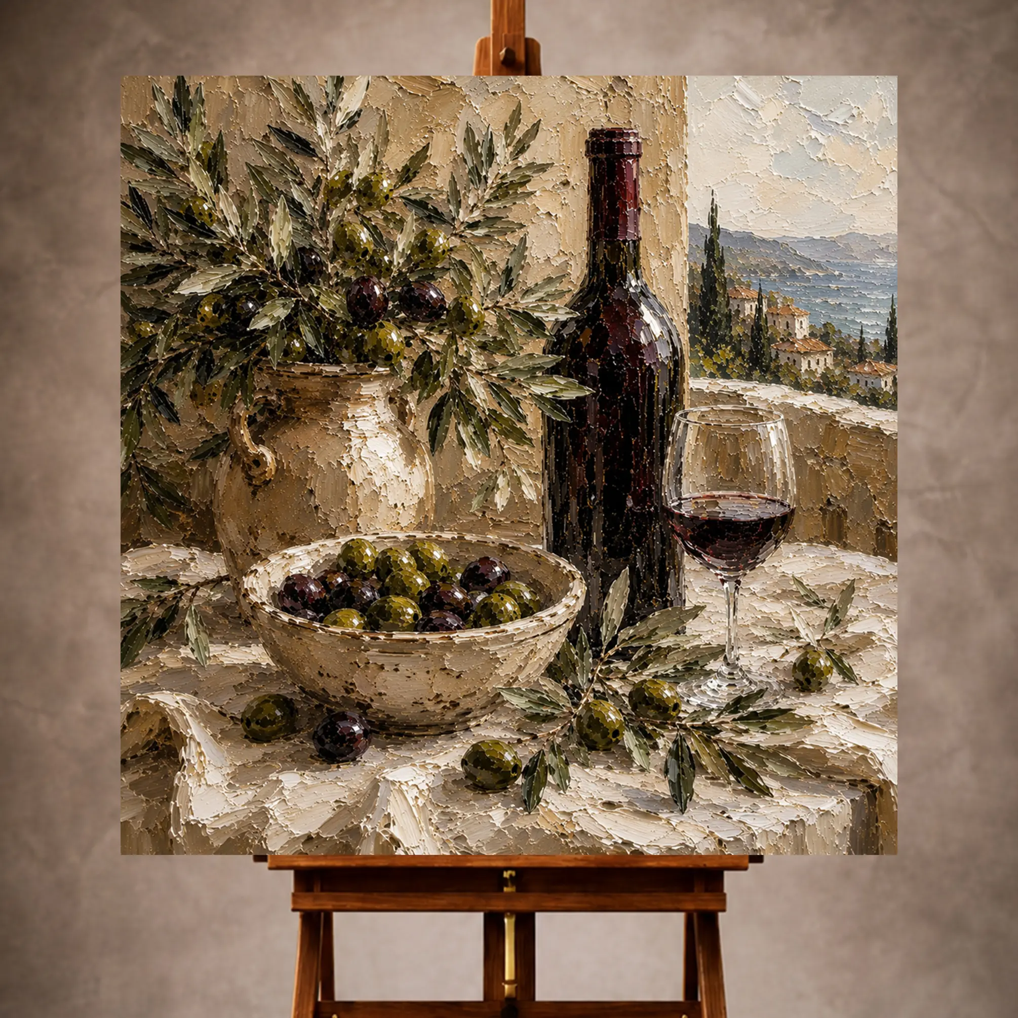 Premium Wall Art Kare Html Edition – KITCHENWALL031 Image 1 Olive green and burgundy Wine & Olive Wall Art print for elegant interiors. No text or watermarks in design.