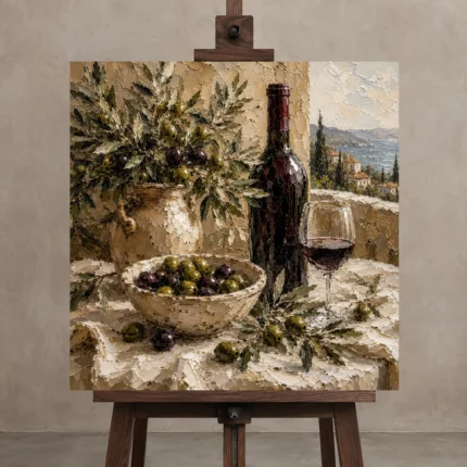 Olive Green & Burgundy Square Wine Olive Kitchen Wall Art Canvas Print displayed on a studio easel