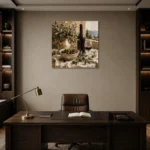 Olive Green & Burgundy Square Wine Olive Kitchen Wall Art Canvas Print displayed in a contemporary gallery-inspired room