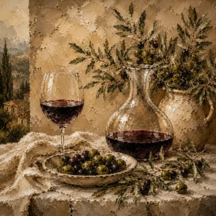 Deep Burgundy & Muted Beige Square Wine Olive Kitchen Wall Art Canvas Print