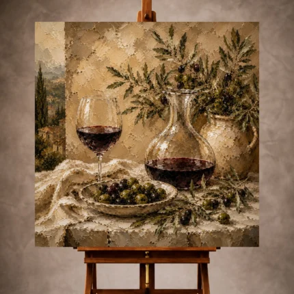 Deep burgundy and muted beige Wine & Olive Wall Art print for elegant interiors. No text or watermarks in design.