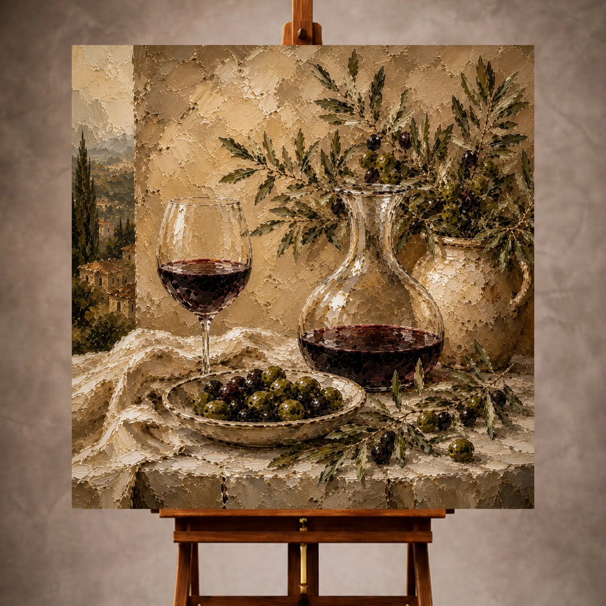 Premium Wall Art Kare Html Edition – KITCHENWALL032 Image 1 Deep burgundy and muted beige Wine & Olive Wall Art print for elegant interiors. No text or watermarks in design.