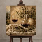 Deep Burgundy & Muted Beige Square Wine Olive Kitchen Wall Art Canvas Print displayed on a studio easel
