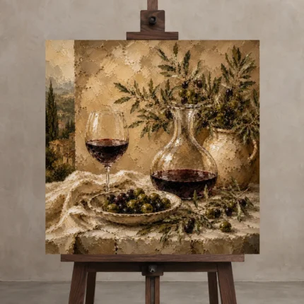 Deep Burgundy & Muted Beige Square Wine Olive Kitchen Wall Art Canvas Print shown in Studio Easel