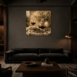 Deep Burgundy & Muted Beige Square Wine Olive Kitchen Wall Art Canvas Print shown in a warm modern interior