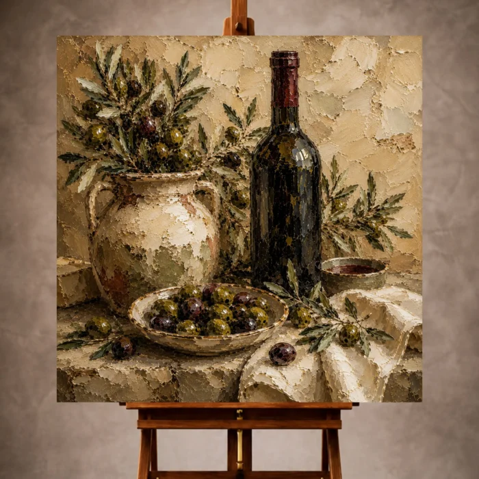 Olive green, burgundy, and sage Wine & Olive Wall Art print for elegant interiors. No text or watermarks in design.