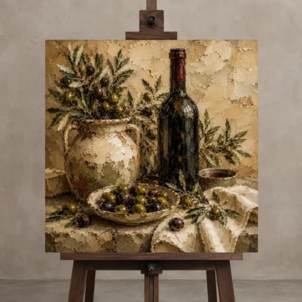 Olive Green, Burgundy & Sage Artisan Wine Olive Kitchen Wall Art Canvas Print displayed on a studio easel