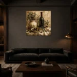 Olive Green, Burgundy & Sage Artisan Wine Olive Kitchen Wall Art Canvas Print shown in a warm modern interior