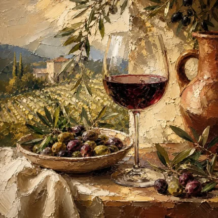 Olive, Burgundy & Terracotta Vineyard Wine Olive Kitchen Wall Art Canvas Print