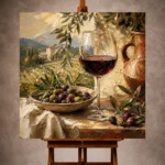 Olive, burgundy, and terracotta Wine & Olive Wall Art print for elegant interiors. No text or watermarks in design.