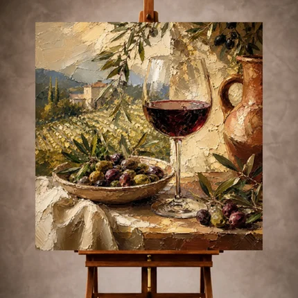 Olive, burgundy, and terracotta Wine & Olive Wall Art print for elegant interiors. No text or watermarks in design.