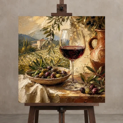 Olive, Burgundy & Terracotta Vineyard Wine Olive Kitchen Wall Art Canvas Print displayed on a studio easel