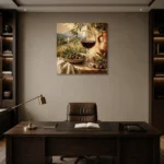 Olive, Burgundy & Terracotta Vineyard Wine Olive Kitchen Wall Art Canvas Print displayed in a contemporary gallery-inspired room