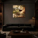 Olive, Burgundy & Terracotta Vineyard Wine Olive Kitchen Wall Art Canvas Print shown in a warm modern interior