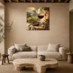 Olive, Burgundy & Terracotta Vineyard Wine Olive Kitchen Wall Art Canvas Print presented in a sophisticated home setting