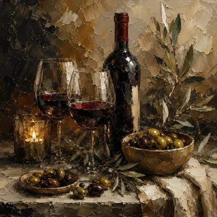 Burgundy, Olive Green & Antique Gold Candlelit Wine Olive Kitchen Wall Art Canvas Print