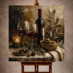 Burgundy, olive green, and antique gold Wine & Olive Wall Art print for elegant interiors. No text or watermarks in design.