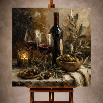 Burgundy, olive green, and antique gold Wine & Olive Wall Art print for elegant interiors. No text or watermarks in design.