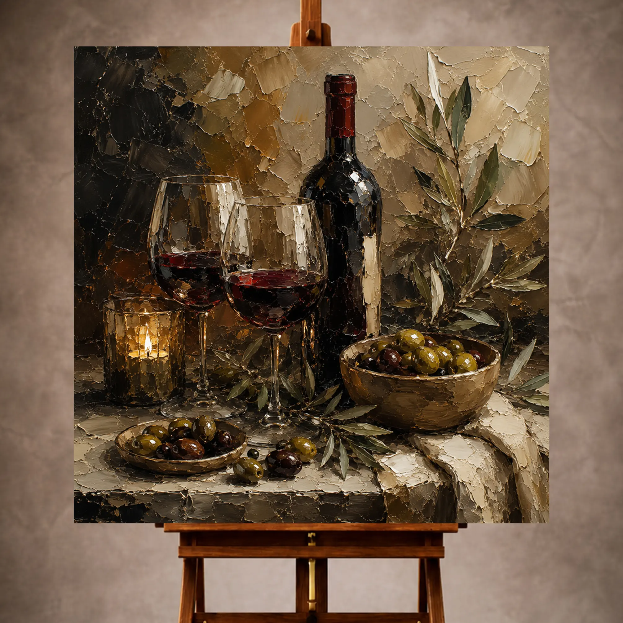 Premium Wall Art Kare Html Edition – KITCHENWALL035 Image 1 Burgundy, olive green, and antique gold Wine & Olive Wall Art print for elegant interiors. No text or watermarks in design.