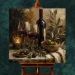 Burgundy, Olive Green & Antique Gold Candlelit Wine Olive Kitchen Wall Art Canvas Print - Image 2