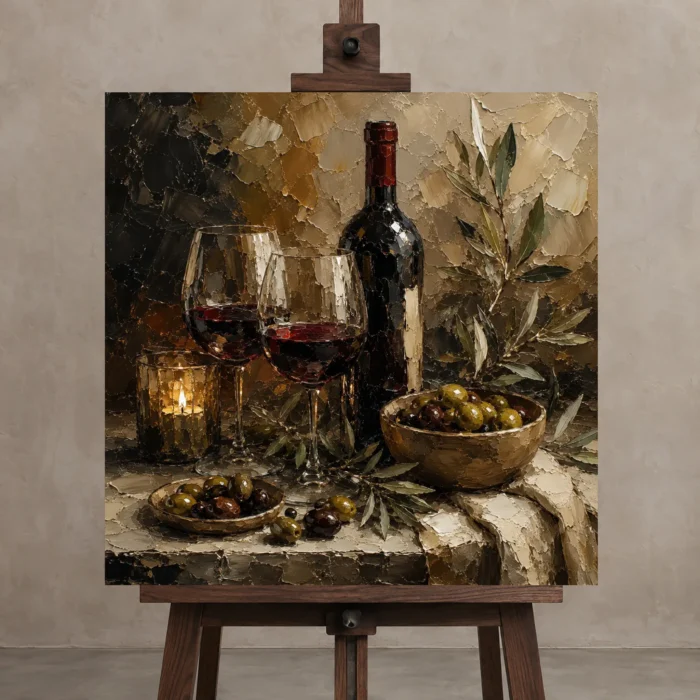 Burgundy, Olive Green & Antique Gold Candlelit Wine Olive Kitchen Wall Art Canvas Print displayed on a studio easel