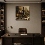 Burgundy, Olive Green & Antique Gold Candlelit Wine Olive Kitchen Wall Art Canvas Print displayed in a contemporary gallery-inspired room