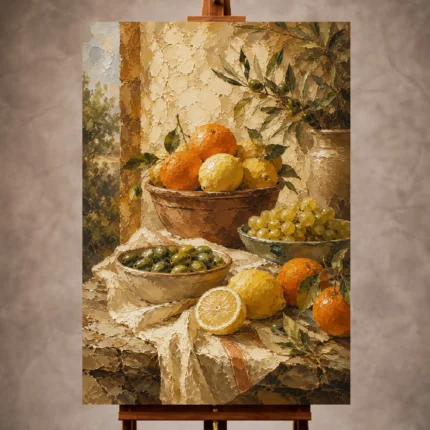 Ochre and terracotta Fruit Kitchen Wall Art print for elegant interiors. No text or watermarks in design.