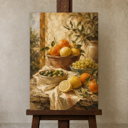 Ochre & Terracotta Mediterranean Fruit Kitchen Wall Art Canvas Print shown in Studio Easel