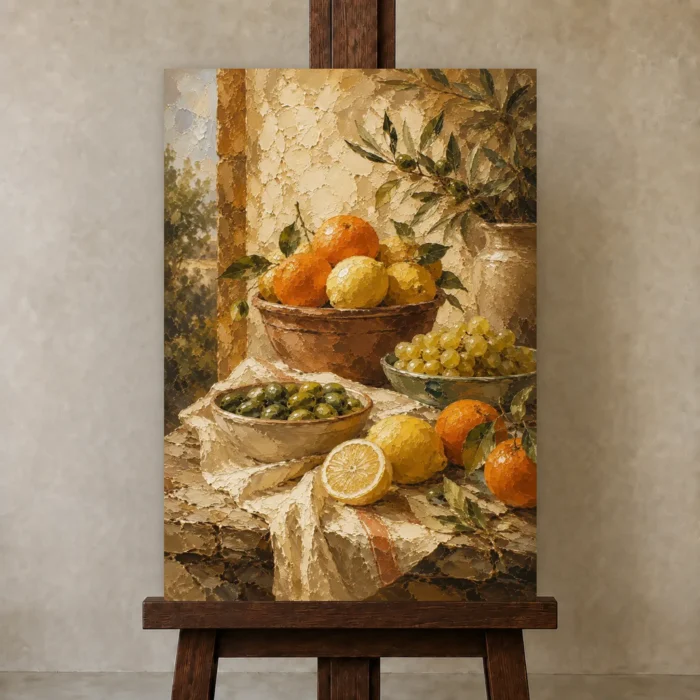 Ochre & Terracotta Mediterranean Fruit Kitchen Wall Art Canvas Print displayed on a studio easel