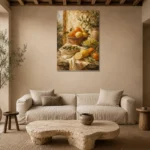 Ochre & Terracotta Mediterranean Fruit Kitchen Wall Art Canvas Print presented in a sophisticated home setting