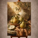 Pear green and terracotta Fruit Kitchen Wall Art print for elegant interiors. No text or watermarks in design.