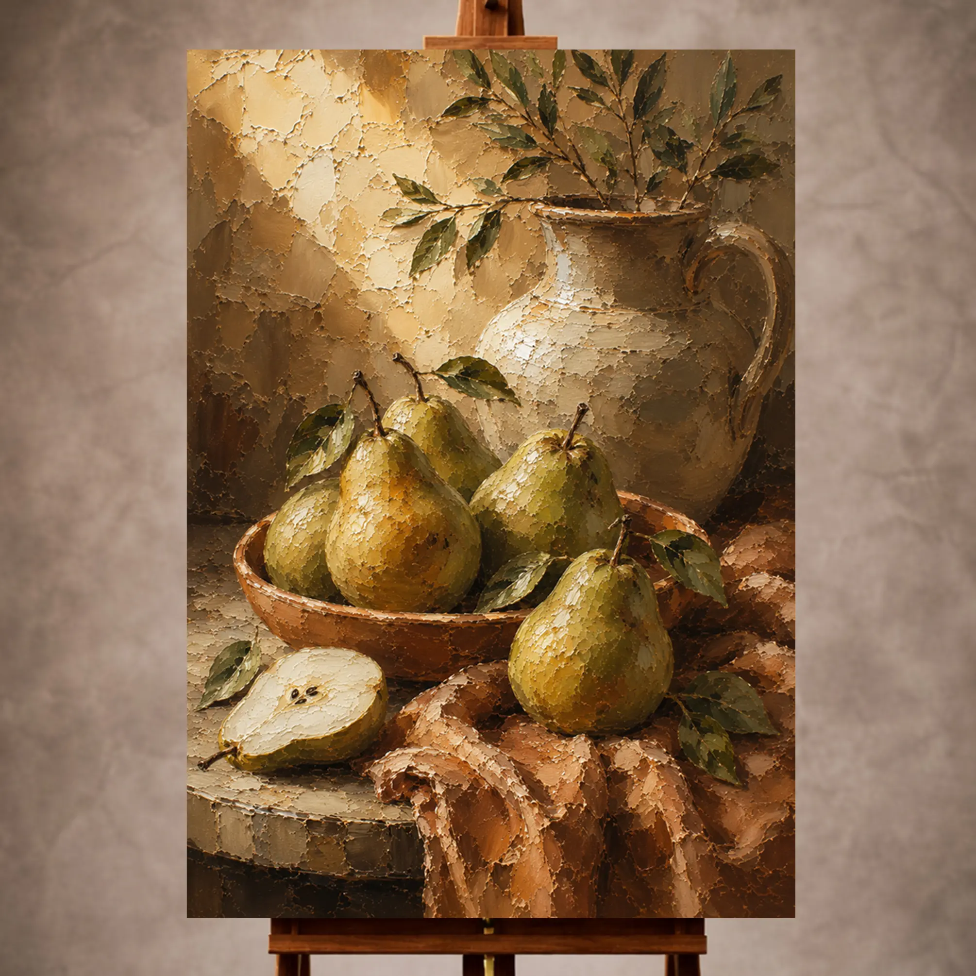 Premium Wall Art Dikey Html Edition – KITCHENWALL037 Image 1 Pear green and terracotta Fruit Kitchen Wall Art print for elegant interiors. No text or watermarks in design.