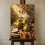 Pear Green & Terracotta Fruit Kitchen Wall Art Canvas Print displayed on a studio easel