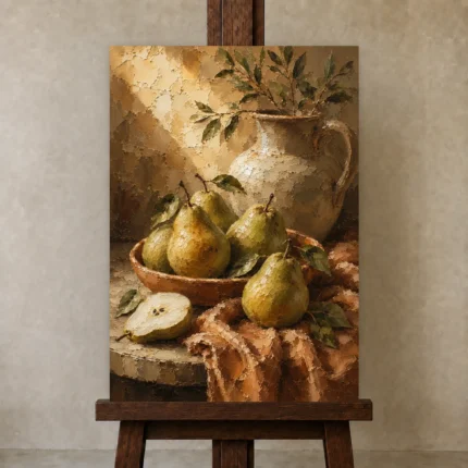 Pear Green & Terracotta Fruit Kitchen Wall Art Canvas Print shown in Studio Easel